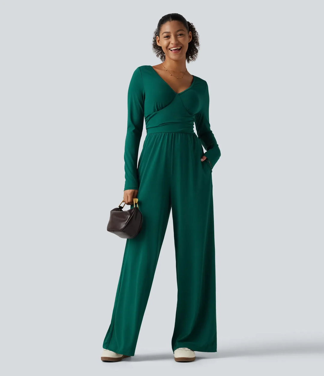 V Neck Long Sleeve Ruched Wide Leg Casual Jumpsuit with Pockets-Easy Peezy Edition