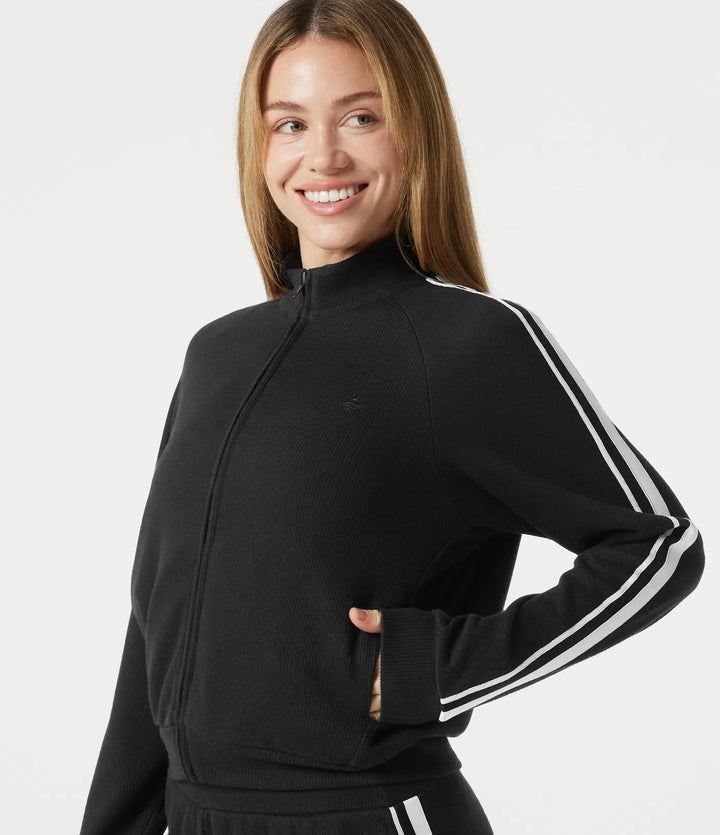 Ribbed Stand Collar Zipper Long Sleeve Color Block Casual Jacket with Pockets