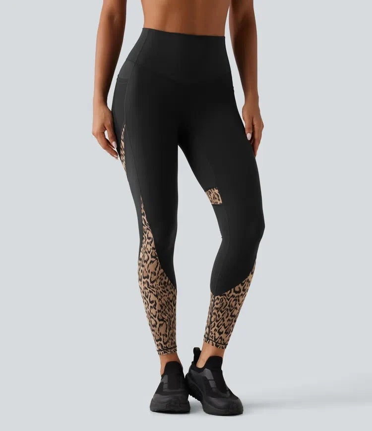 High Waisted Skinny Contrast Mesh Leopard Print Color Block Yoga Leggings with Pockets
