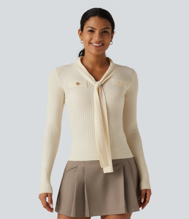 V Neck Long Sleeve Tie Front Slim Work Sweater