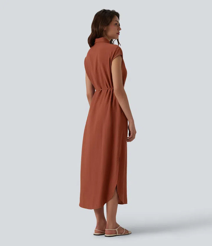 Collar Cap Sleeve Belted Curved Split Hem Midi Casual Shirt Dress with Pockets