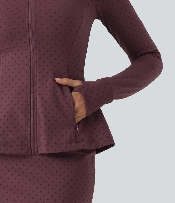 Stand Collar Long Sleeve Thumb Hole Polka Dot Yoga Jacket with Pockets