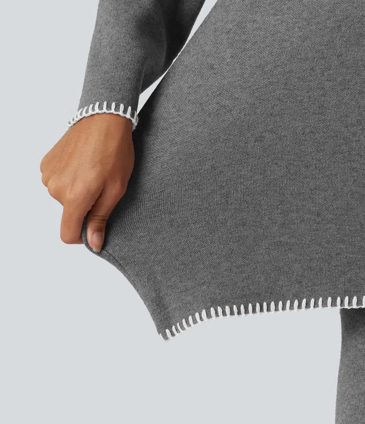 Stand Collar Long Sleeve Crochet Work Sweater