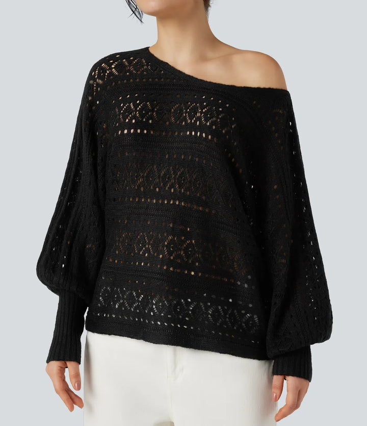 Round Neck Batwing Long Sleeve Hollow Out Casual Sweater