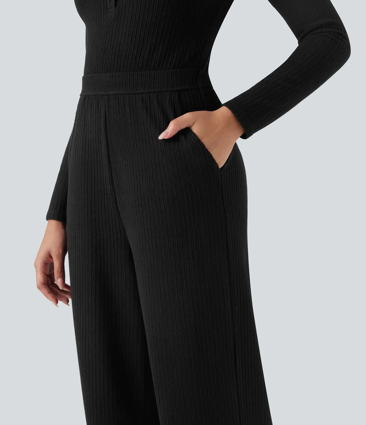 Ribbed Henley Long Sleeve Casual Jumpsuit with Pockets-Easy Peezy