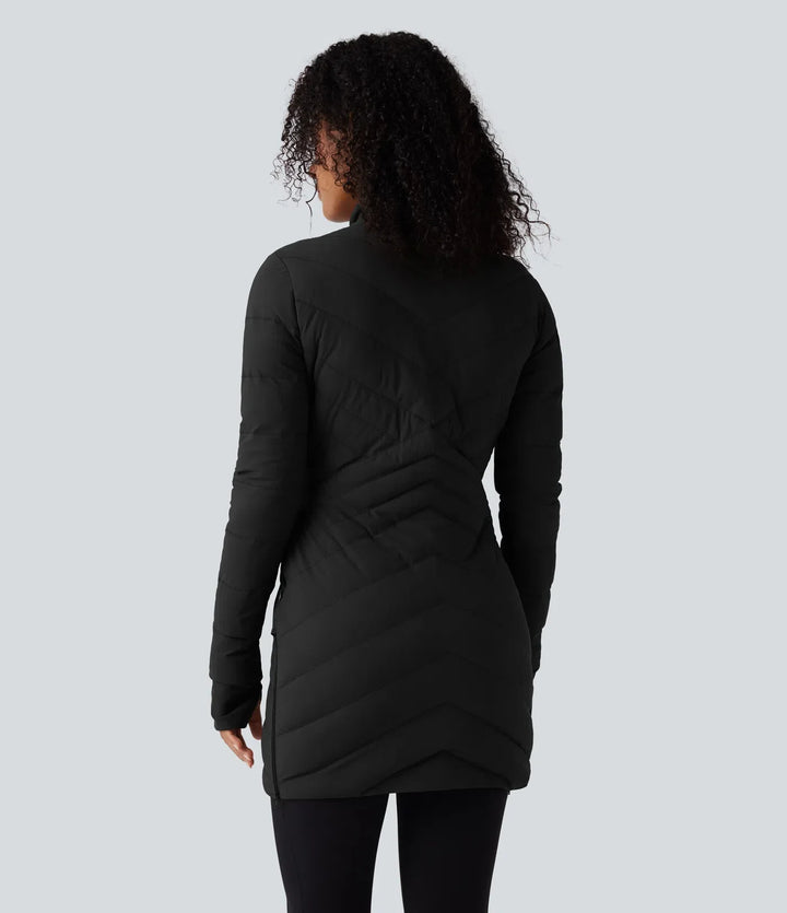PuffFlex Stand Collar Long Sleeve Thumb Holes Zip Hem Stretchy Slim Casual Quilted Jacket with Pockets