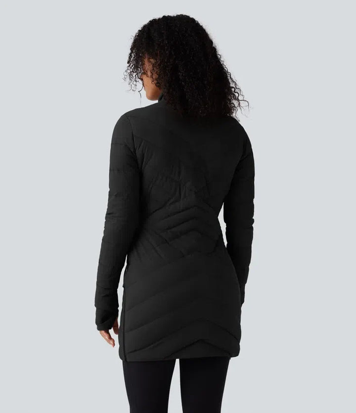 PuffFlex Stand Collar Long Sleeve Thumb Holes Zip Hem Stretchy Slim Casual Quilted Jacket with Pockets