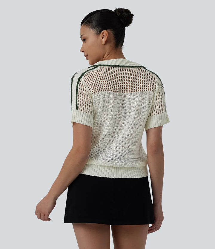 Half Zip Short Sleeve Cut Out Color Block Casual Sweater