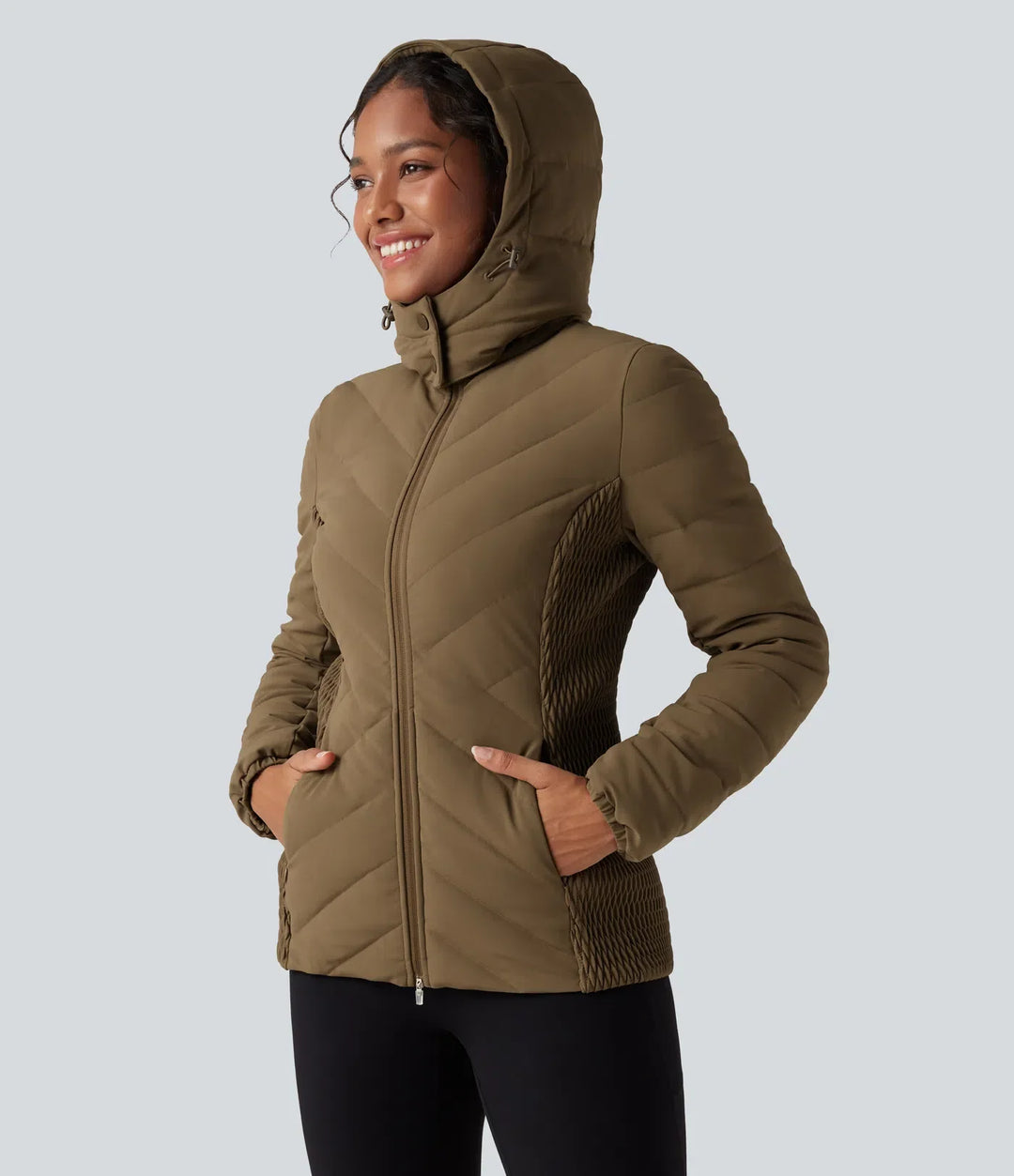 PuffFlex Removable Hood Shirred Casual Padded Jacket with Pockets