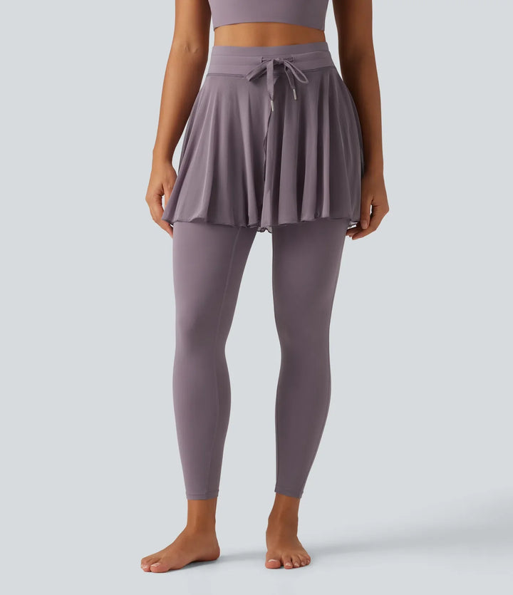 SoftlyZero High Waisted Drawstring Mesh Dance Skirted Leggings with Pockets