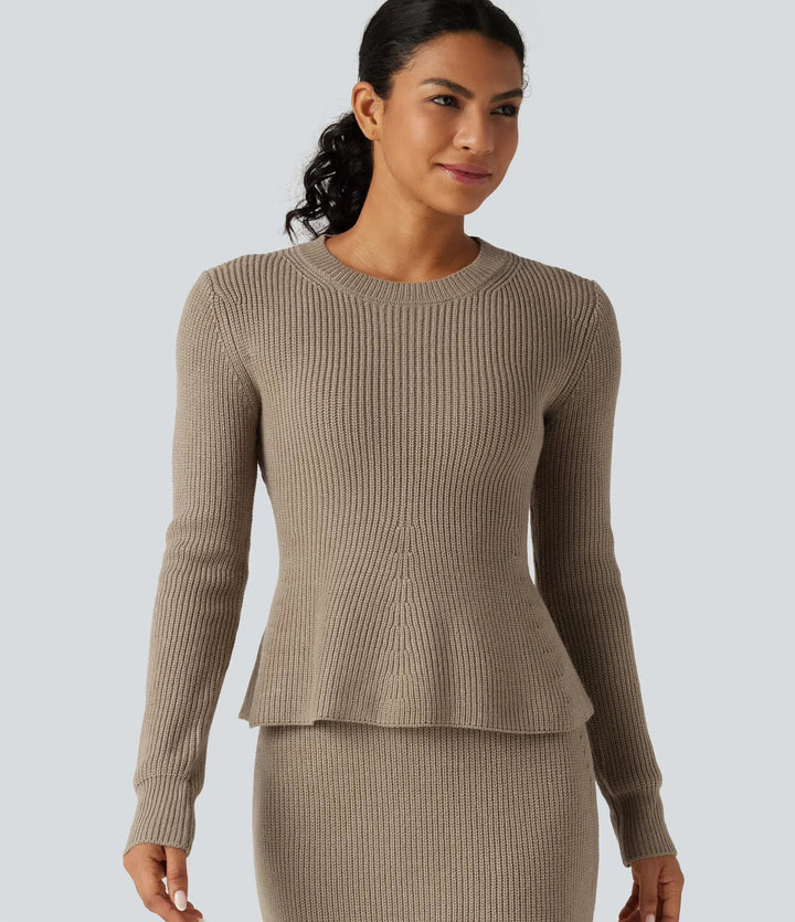 Round Neck Long Sleeve Ruffle Hem Work Sweater