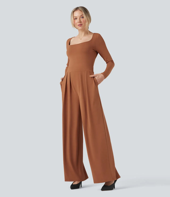 U-Neck Long Sleeve Wide Leg Casual Jumpsuit with Pockets