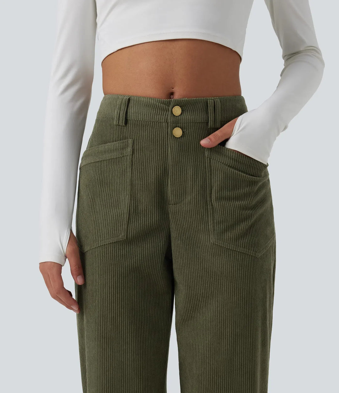 Mid Rise Tapered Corduroy Casual Pants with Pockets