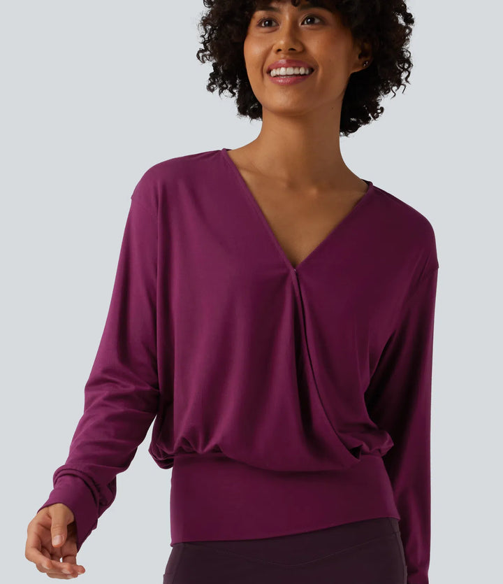 V Neck Crossover Long Sleeve Work Blouse