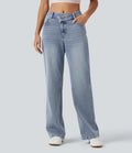 Halara Flex Asymmetric Mid Rise Straight Leg Casual Jeans with Pockets