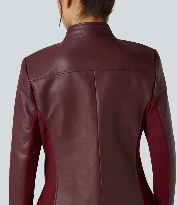 Stand Collar Zipper Long Sleeve Fleece Casual PU Faux Leather Jacket with Pockets
