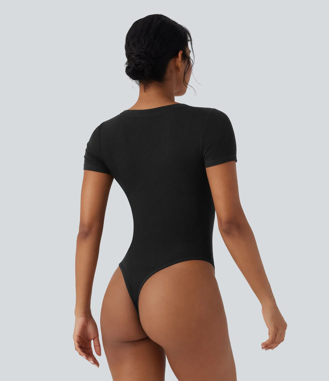 Ribbed Knit V-neck Short Sleeve Work Bodysuit