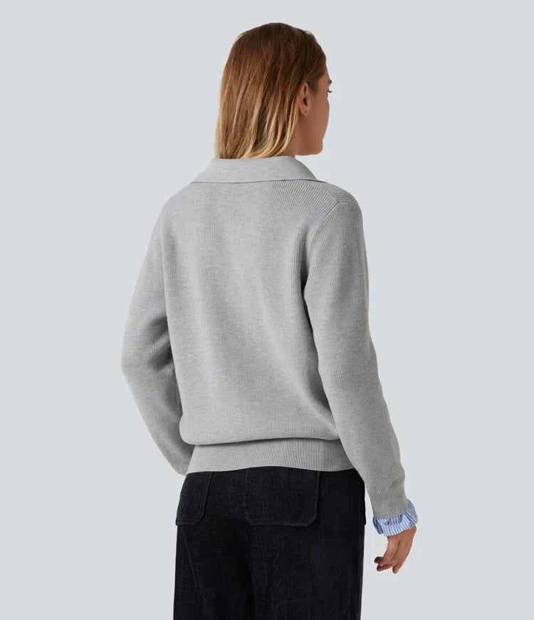 Collared V Neck Long Sleeve 2-in-1 Work Sweater