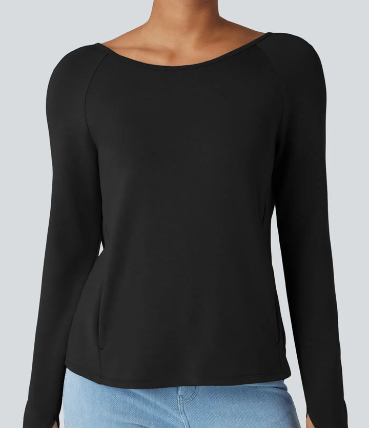 SpacerTek Backless Twisted Long Sleeve Thumb Holes Casual Sweatshirt with Pockets