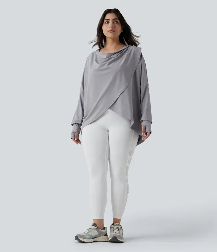 Plus Size Hooded Cowl Neck Long Sleeve Thumb Hole Yoga Sports Top with Pockets