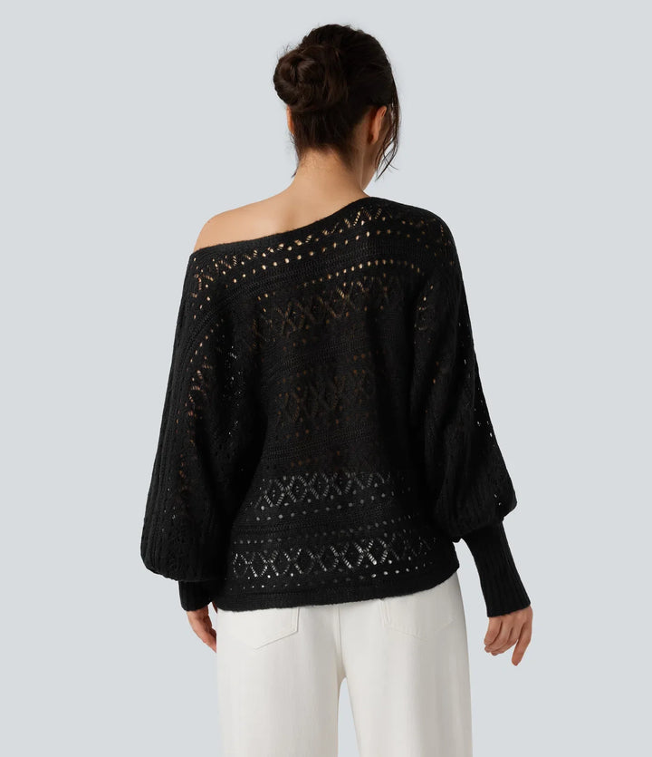 Round Neck Batwing Long Sleeve Hollow Out Casual Sweater