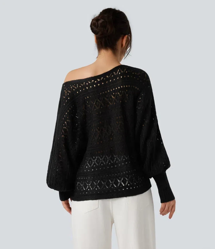 Round Neck Batwing Long Sleeve Hollow Out Casual Sweater