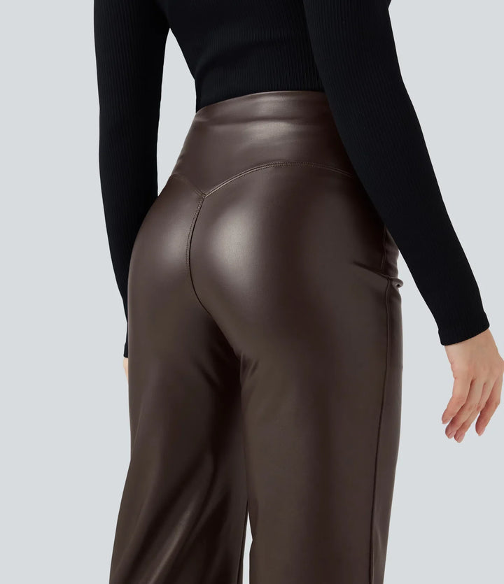 High Waisted Tummy Control Stretchy PU Fleece Casual Flare Pants with Pockets