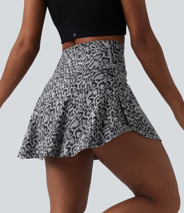 Crossover High Waisted 2-in-1 Leopard Print Mini Tennis Skirt with Pockets