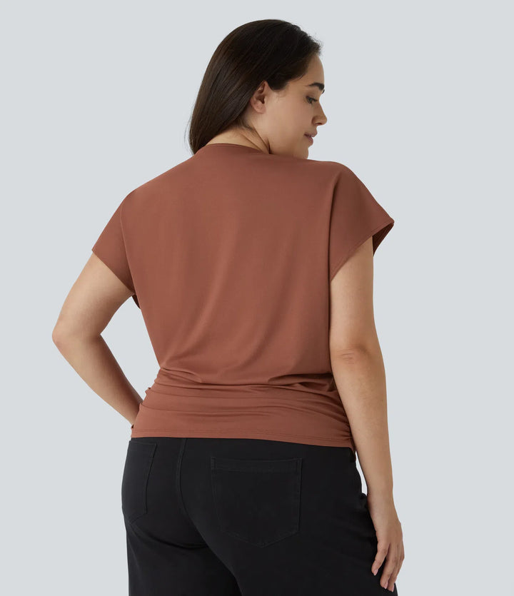 V Neck Cap Sleeve Crossover Ruched Solid Work Plus Size Blouse