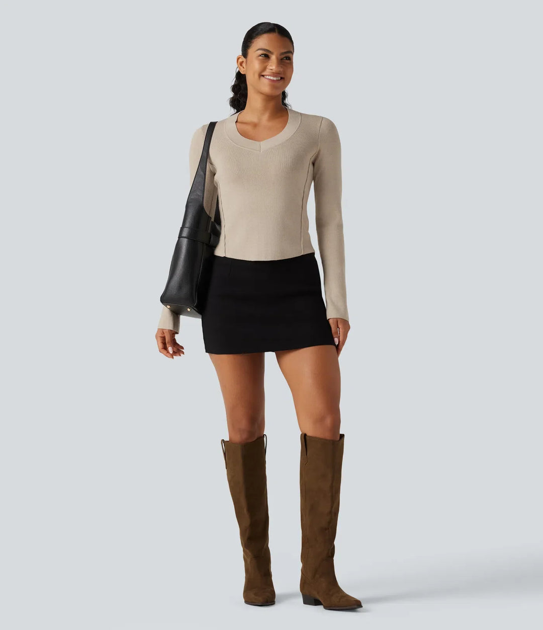 V Neck Long Sleeve Curved Hem Work Wool-Blend Sweater