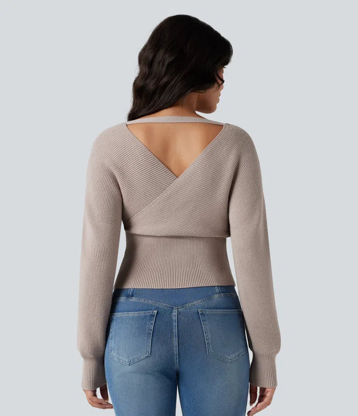 V-neck Batwing Long Sleeve Cut-out Casual Sweater