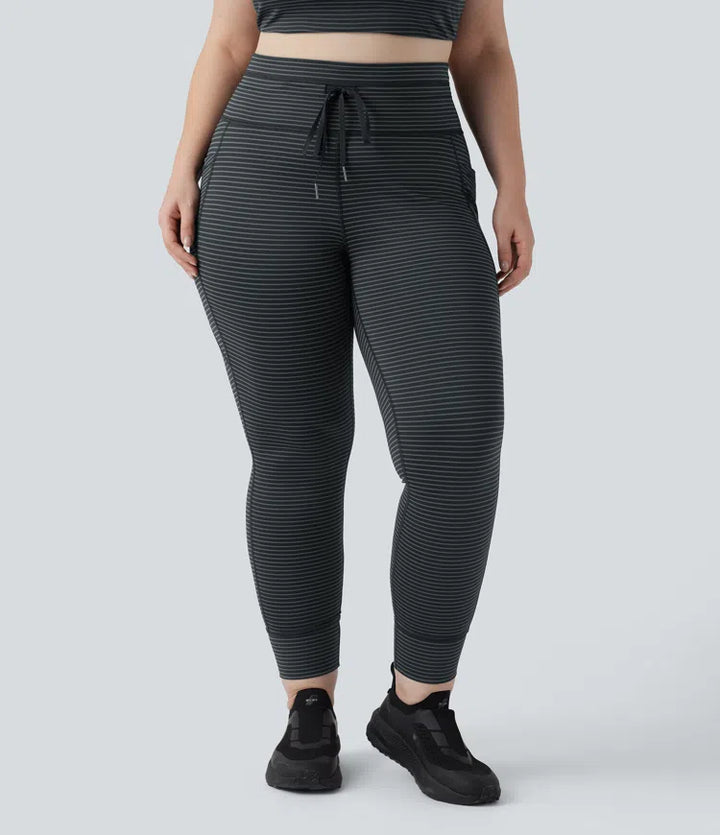 High Waisted Drawstring Striped Yoga Plus Size Leggings with Pockets
