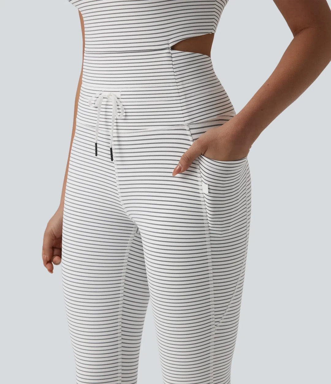 U Neck Cut Out Drawstring Tummy Control Stripe Yoga Jumpsuit with Pockets-Easy Peezy Edition