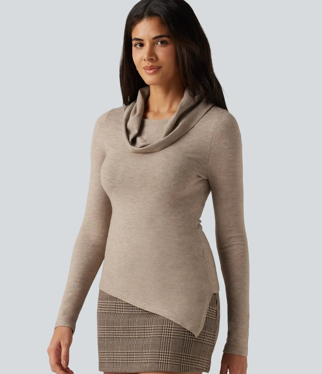 Cowl Neck Long Sleeve Uneven Hem Casual Sweater