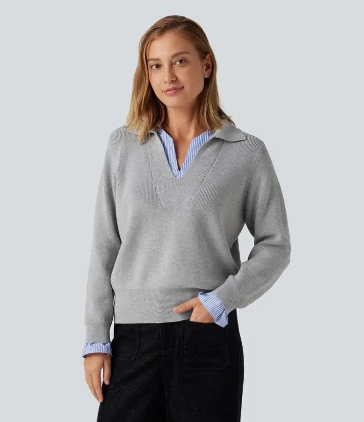 Collared V Neck Long Sleeve 2-in-1 Work Sweater