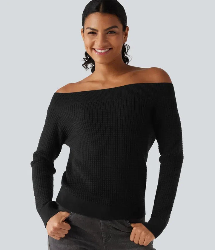 Off Shoulder Long Sleeve Casual Wool-Blend Sweater
