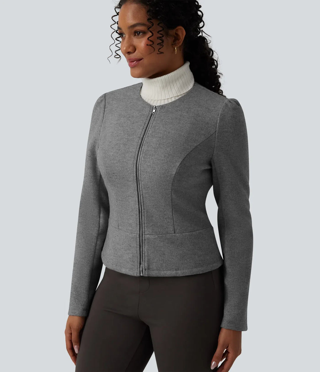 Round Neck Long Sleeve Zipper Fleece Work Jacket