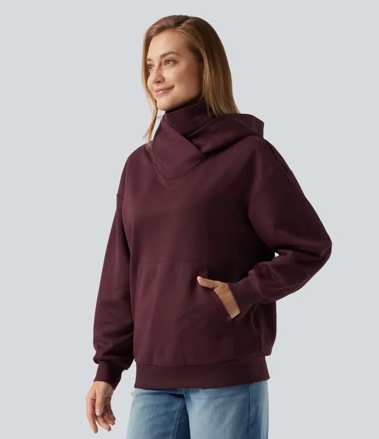 Hooded Crossover Dropped Long Sleeve Fleece Casual Sweatshirt with Pocket