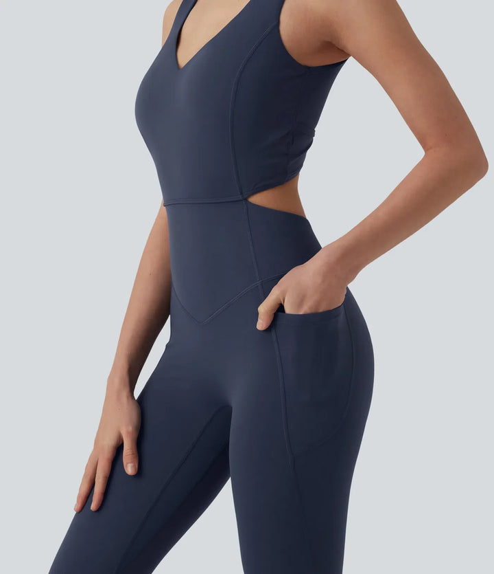Halara UltraSculpt Non-removable pad Tummy Control Flare Workout Jumpsuit with Pockets-Easy Peezy Edition