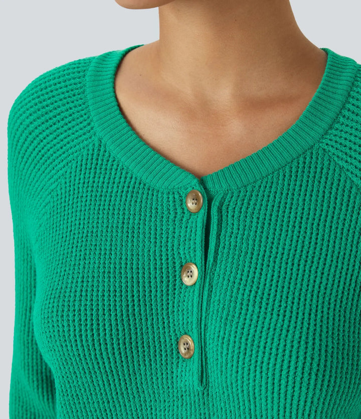 Round Neck Front Long Sleeve Casual Sweater