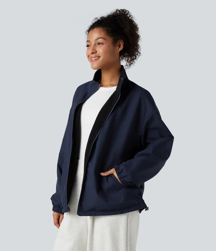 Reversible High Neck Long Sleeve Zipper Fleece Hiking Jacket with Pockets (Two Looks in One)
