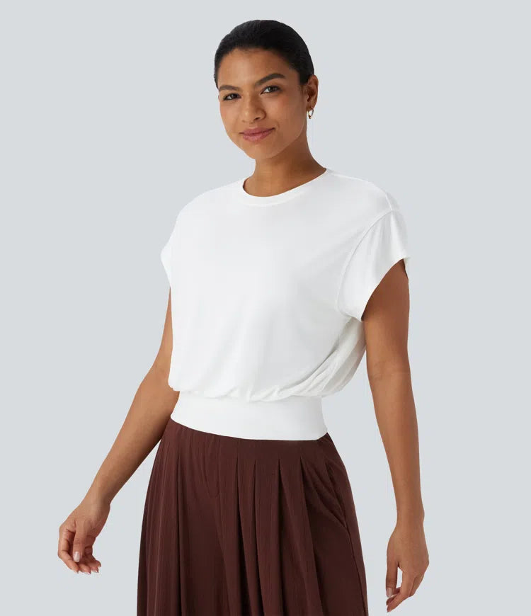 Round Neck Short Batwing Sleeve Work T-Shirt