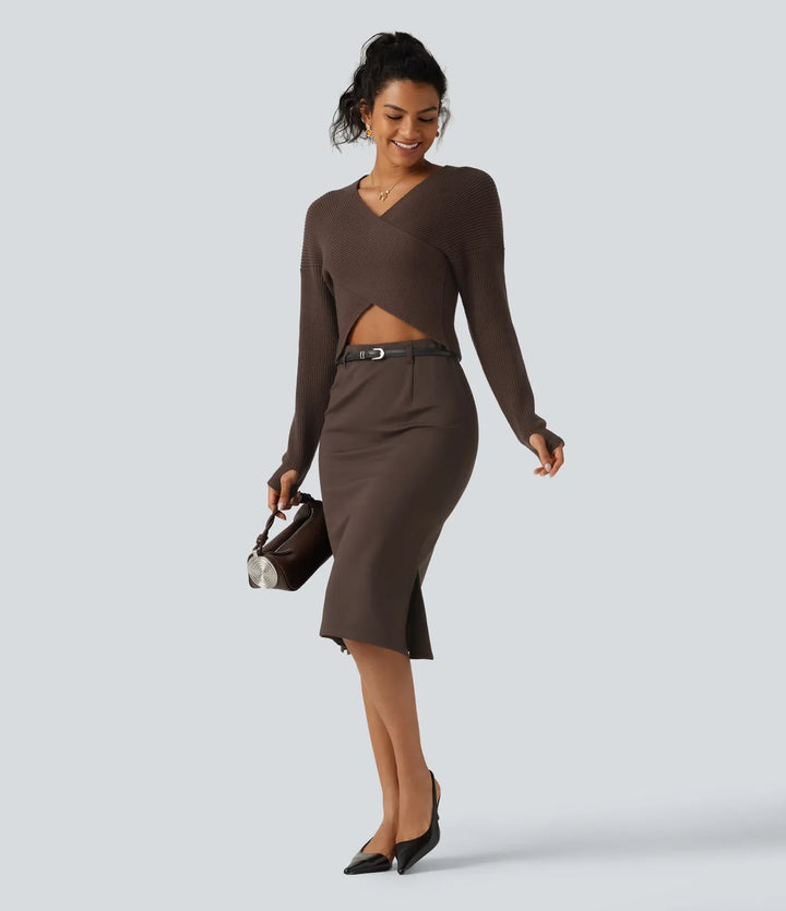 V Neck Crossover Batwing Long Sleeve Thumb Hole Casual Sweater