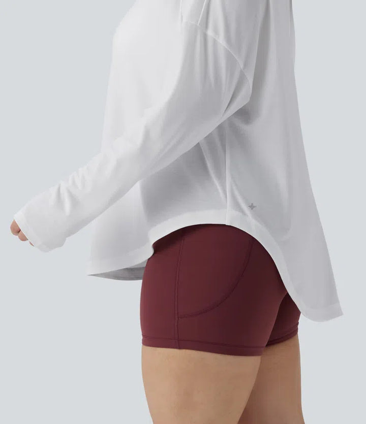 One Shoulder Long Sleeve Thumb Hole Curved Hem High Low Quick Dry Yoga Plus Size Sports Top-Built-in Bra