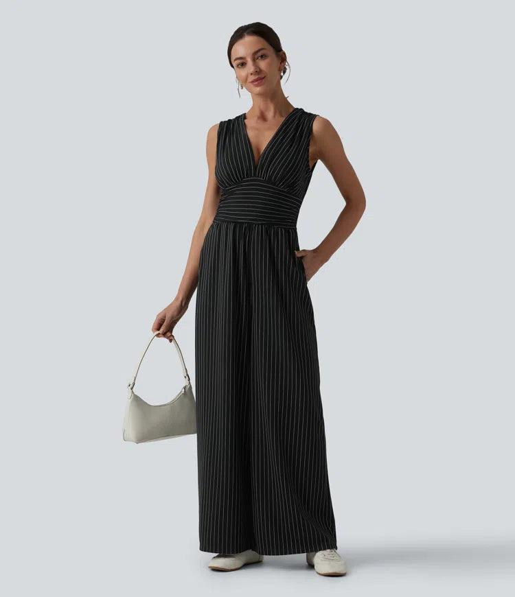 V Neck Sleeveless Ruched Stripes Work Jumpsuit with Pockets-Easy Peezy