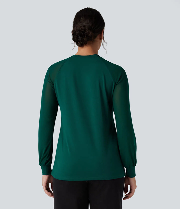 Round Neck Raglan Long Sleeve Contrast Mesh Casual Blouse