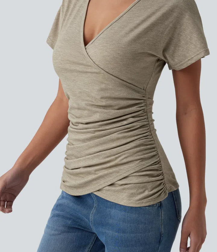 V Neck Short Sleeve Ruched Casual Top