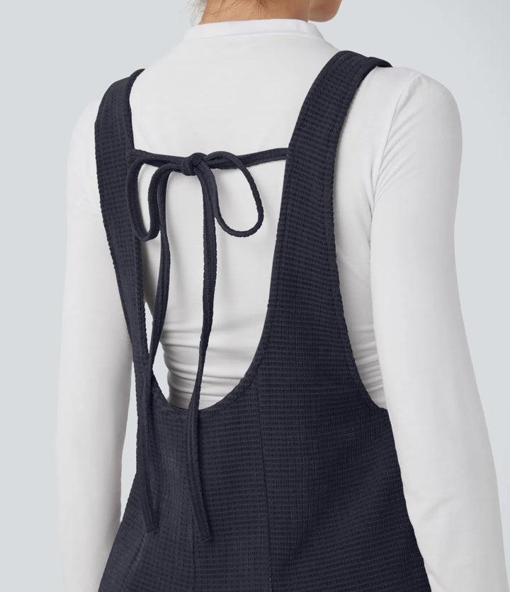 Tie Back Chenille Waffle Casual Overalls with Pockets