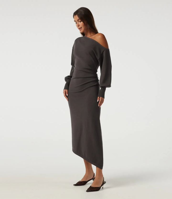 One Shoulder Puff Long Sleeve Asymmetric Work Midi Sweater Dress