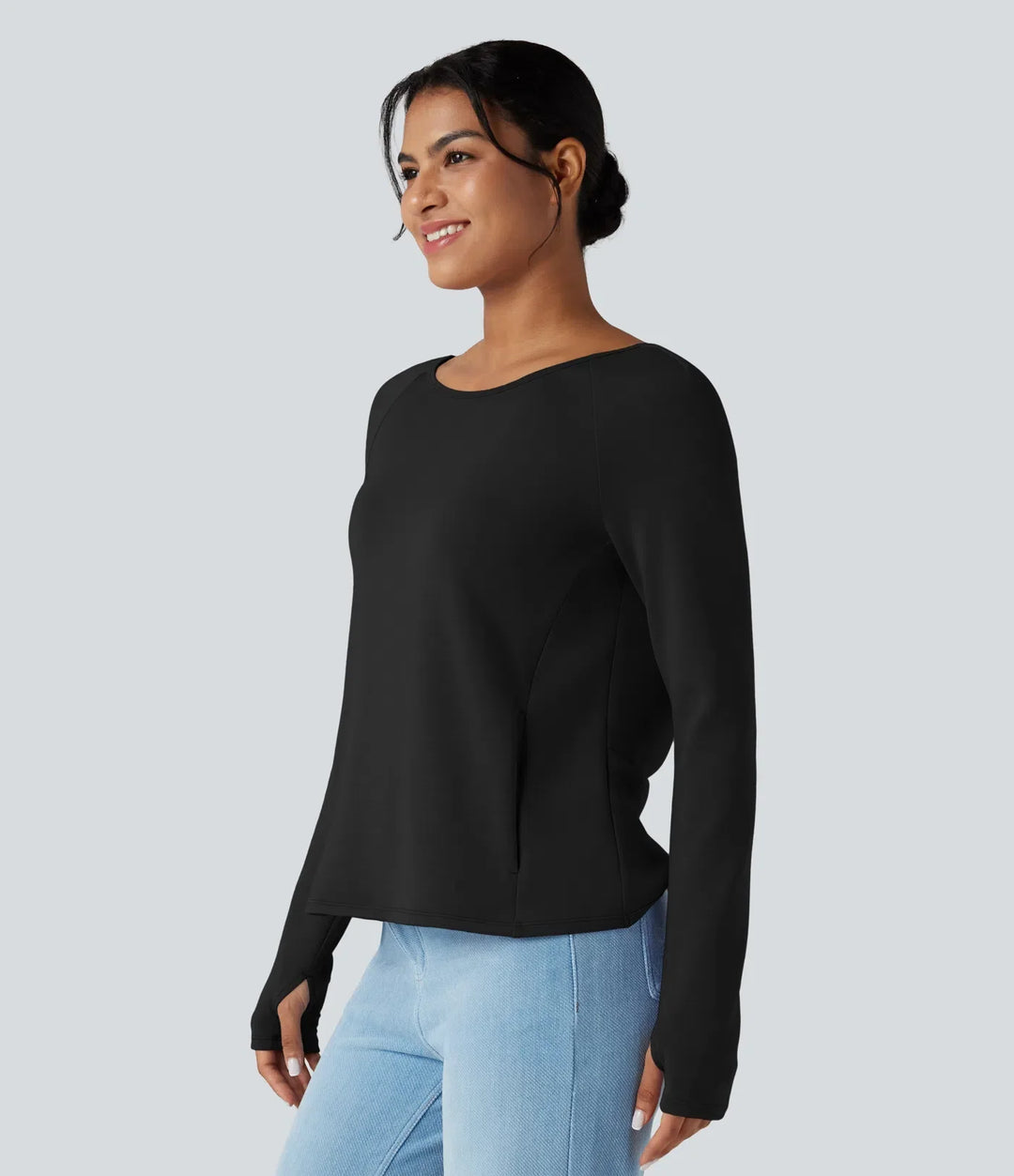 SpacerTek Backless Twisted Long Sleeve Thumb Holes Casual Sweatshirt with Pockets